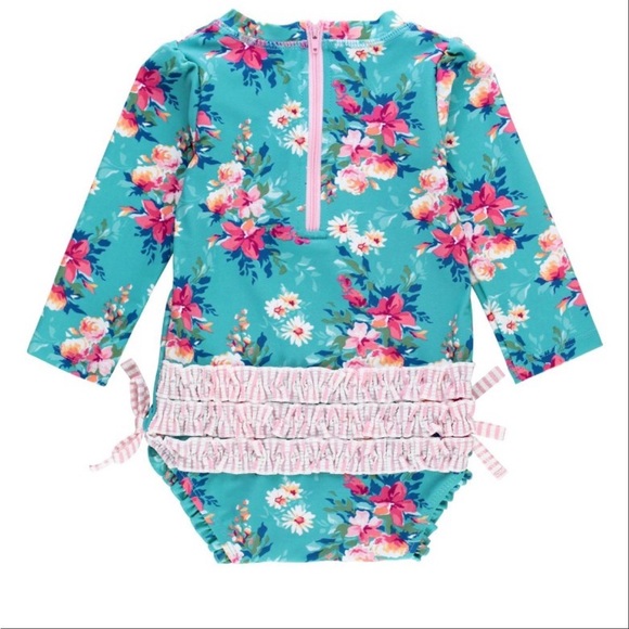 RuffleButts BabyLong Sleeve UPF50+ One Piece Rash Guard - Fancy Me Floral - Picture 2 of 7